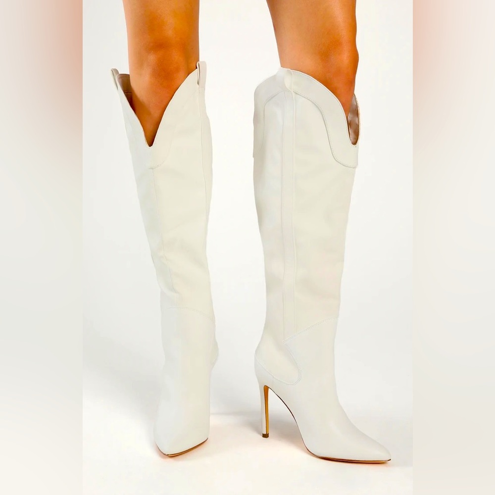 Sayyna Off White Pointed-Toe Knee-High Boots